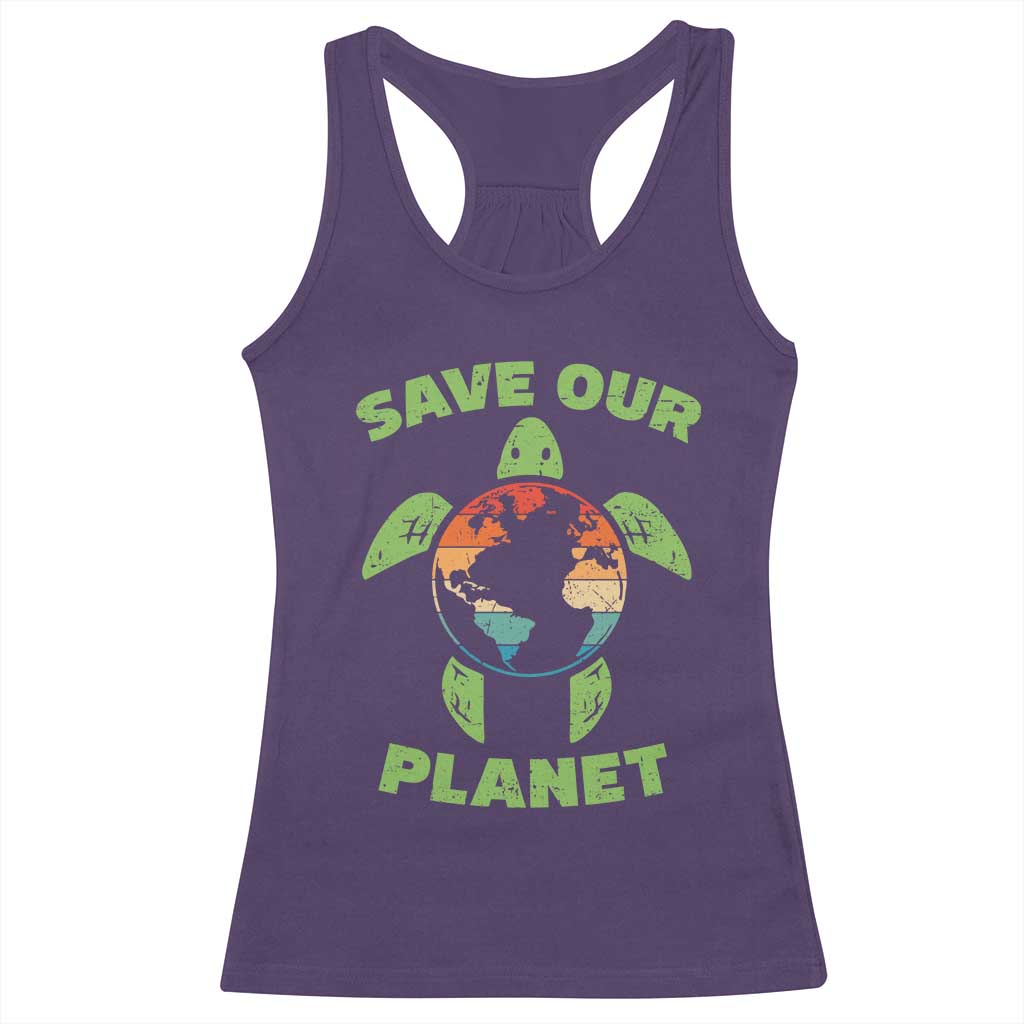 Retro Earth Day Racerback Tank Top Save Our Planet Sea Turtle Recycle Ocean Environment
