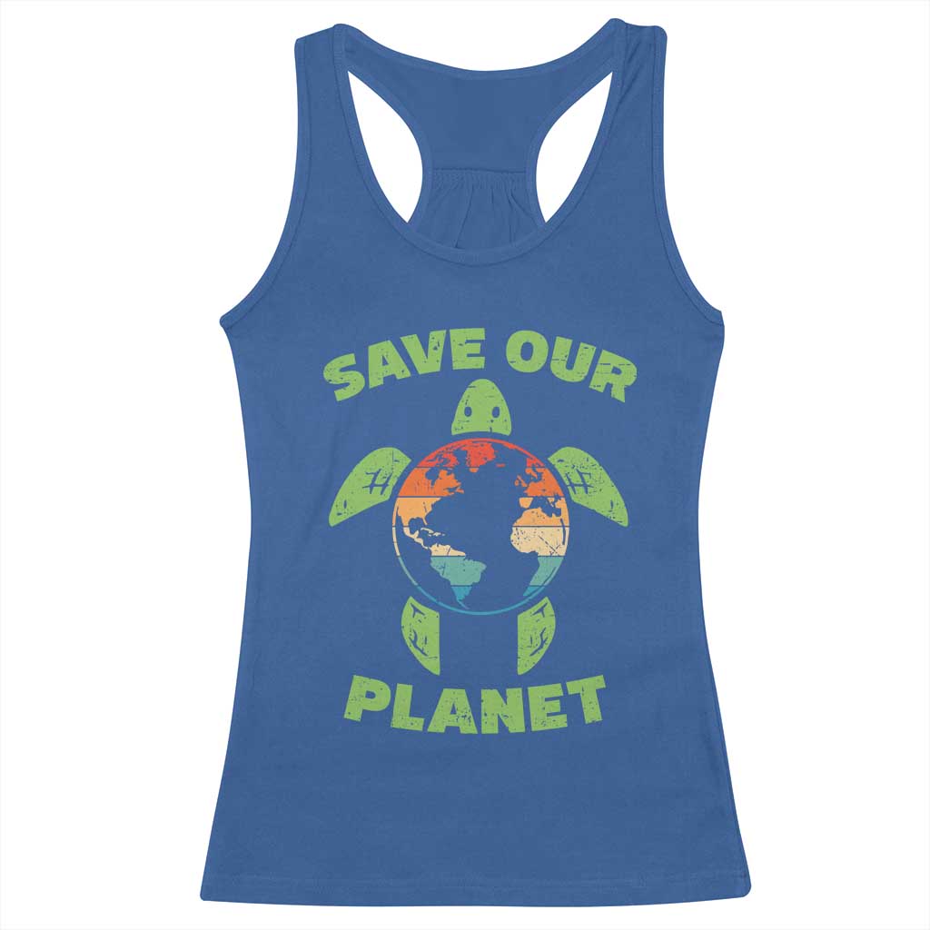 Retro Earth Day Racerback Tank Top Save Our Planet Sea Turtle Recycle Ocean Environment