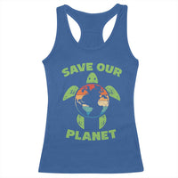 Retro Earth Day Racerback Tank Top Save Our Planet Sea Turtle Recycle Ocean Environment