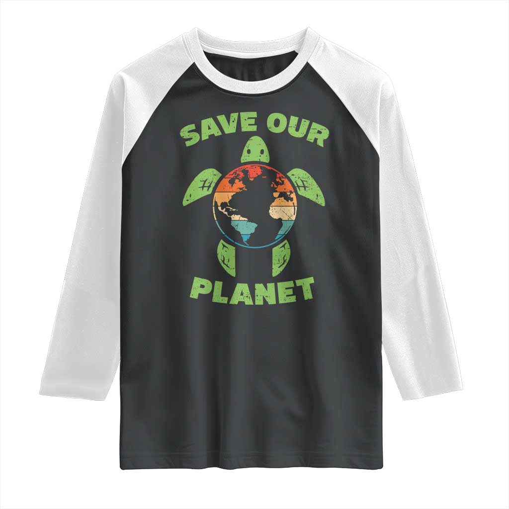Retro Earth Day Raglan Shirt Save Our Planet Sea Turtle Recycle Ocean Environment