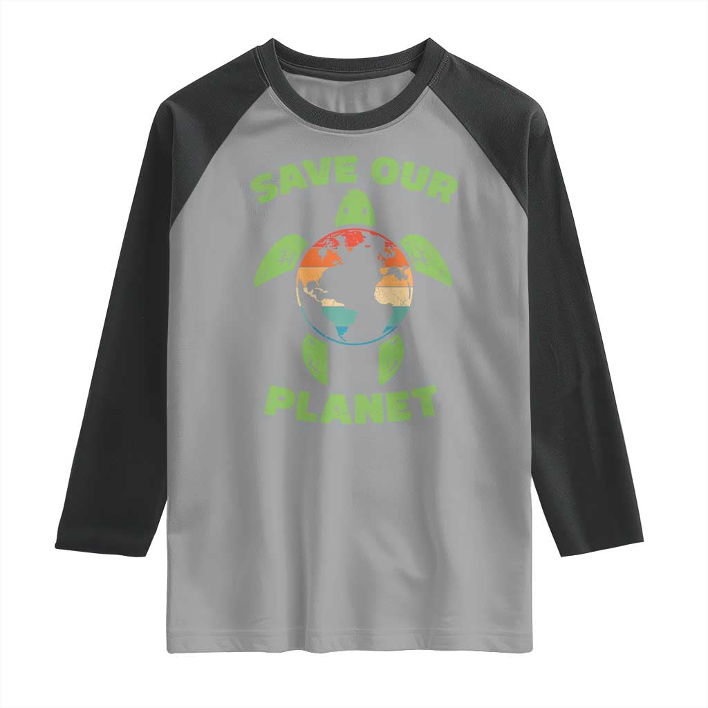 Retro Earth Day Raglan Shirt Save Our Planet Sea Turtle Recycle Ocean Environment