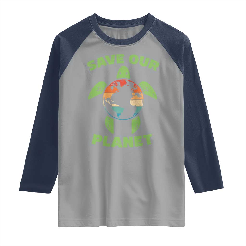 Retro Earth Day Raglan Shirt Save Our Planet Sea Turtle Recycle Ocean Environment