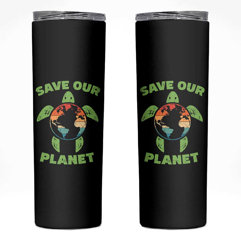 Retro Earth Day Skinny Tumbler Save Our Planet Sea Turtle Recycle Ocean Environment