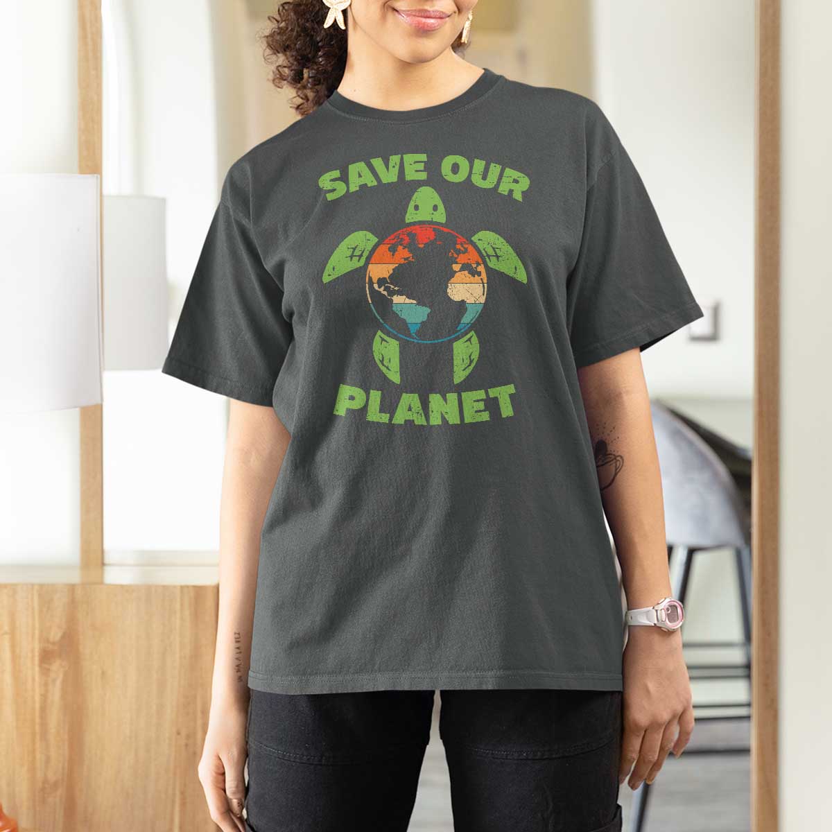 Retro Earth Day T Shirt For Women Save Our Planet Sea Turtle Recycle Ocean Environment