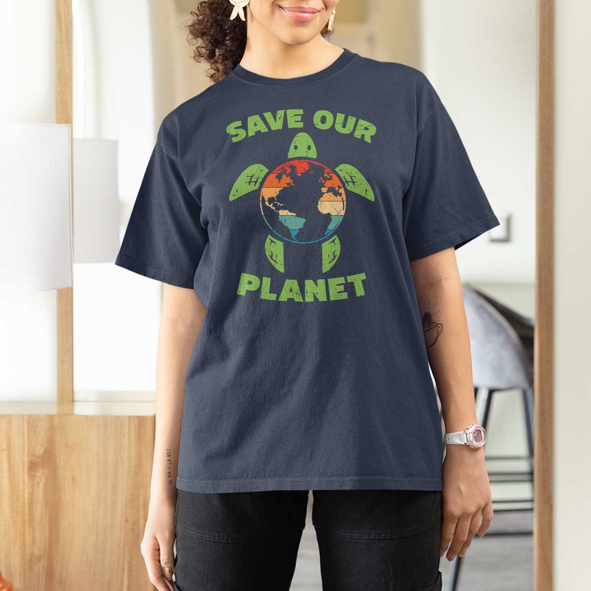 Retro Earth Day T Shirt For Women Save Our Planet Sea Turtle Recycle Ocean Environment