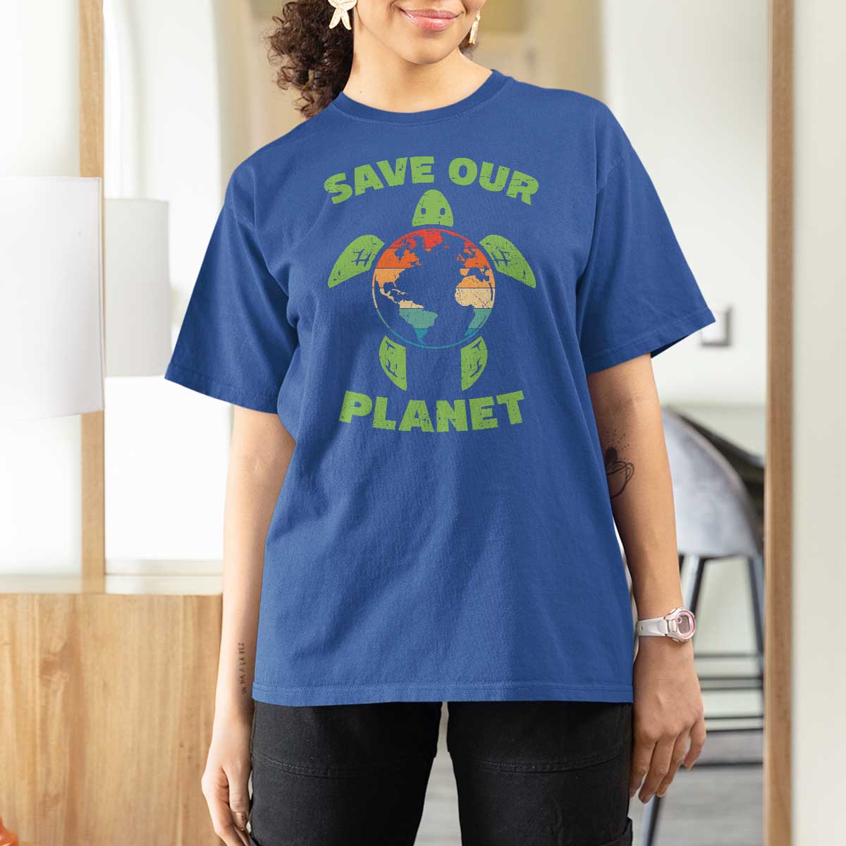 Retro Earth Day T Shirt For Women Save Our Planet Sea Turtle Recycle Ocean Environment