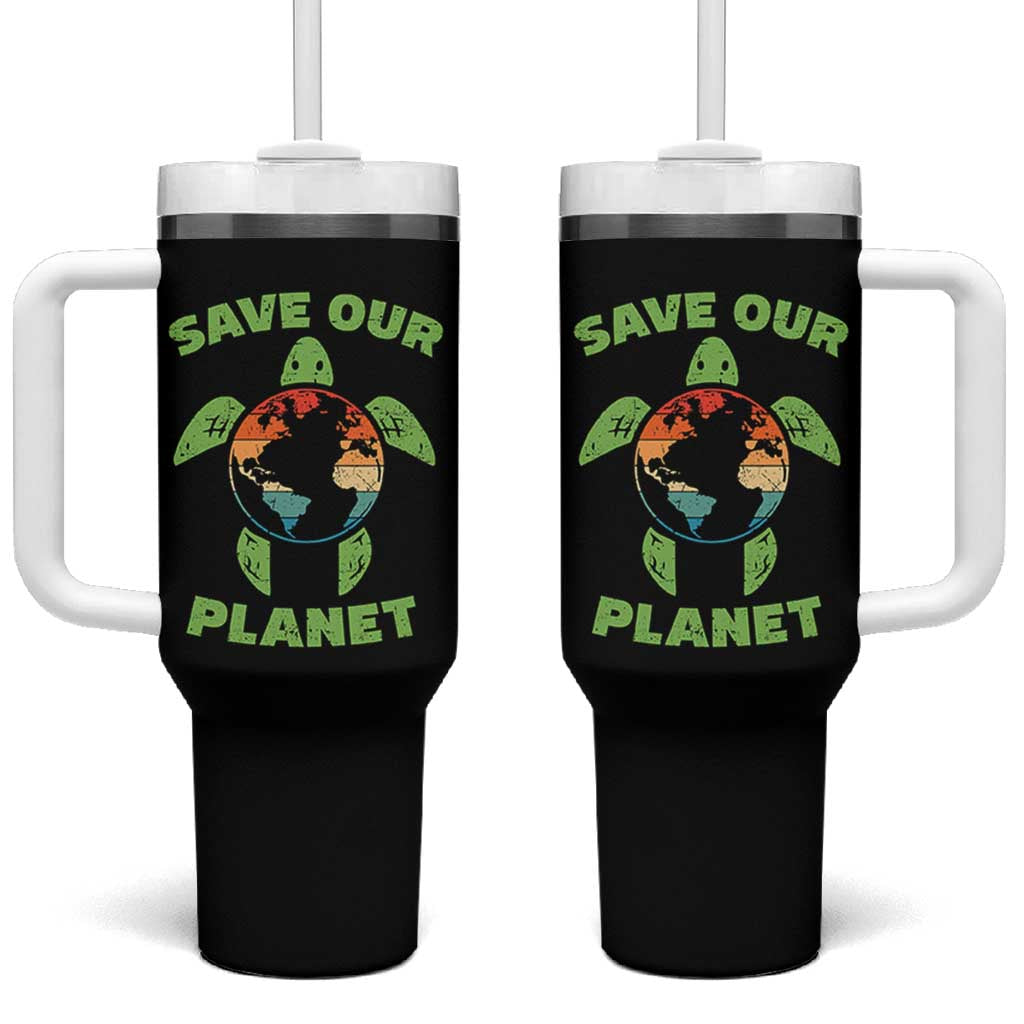 Retro Earth Day Tumbler With Handle Save Our Planet Sea Turtle Recycle Ocean Environment