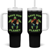 Retro Earth Day Tumbler With Handle Save Our Planet Sea Turtle Recycle Ocean Environment