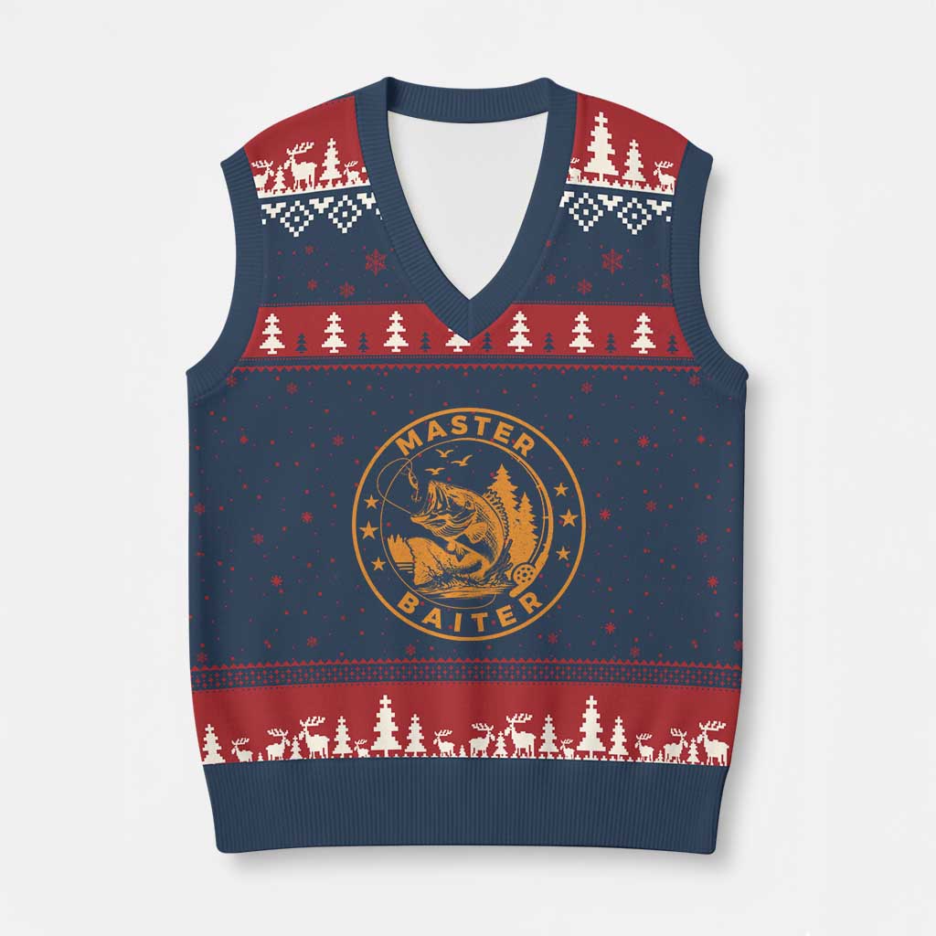Master Baiter V-Neck Knit Sweater Vest Retro Bass Fishing Funny Fisher Fish Fisherman - Wonder Print Shop