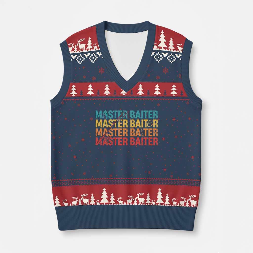 Master Baiter V-Neck Knit Sweater Vest Retro Bass Fishing Funny Fish Fisherman - Wonder Print Shop