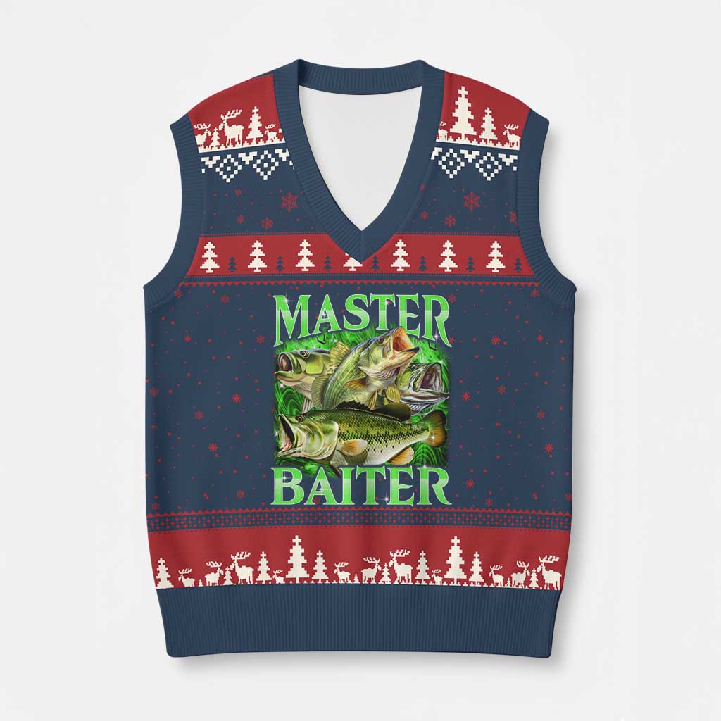 Master Baiter V-Neck Knit Sweater Vest Funny Bass Fishing Fisher Bootleg Graphic - Wonder Print Shop
