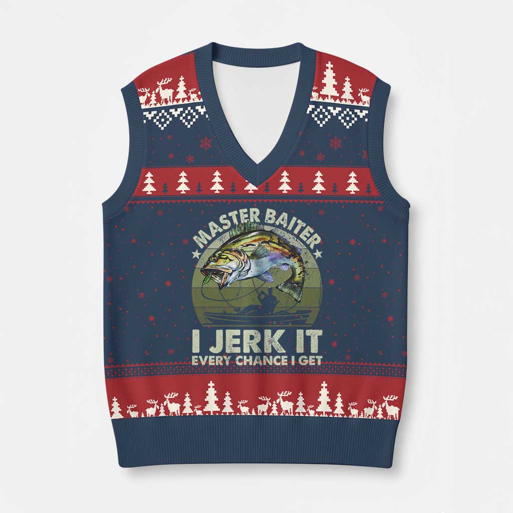 Retro Master Baiter V-Neck Knit Sweater Vest Funny Bass Fishing Fisher - Wonder Print Shop