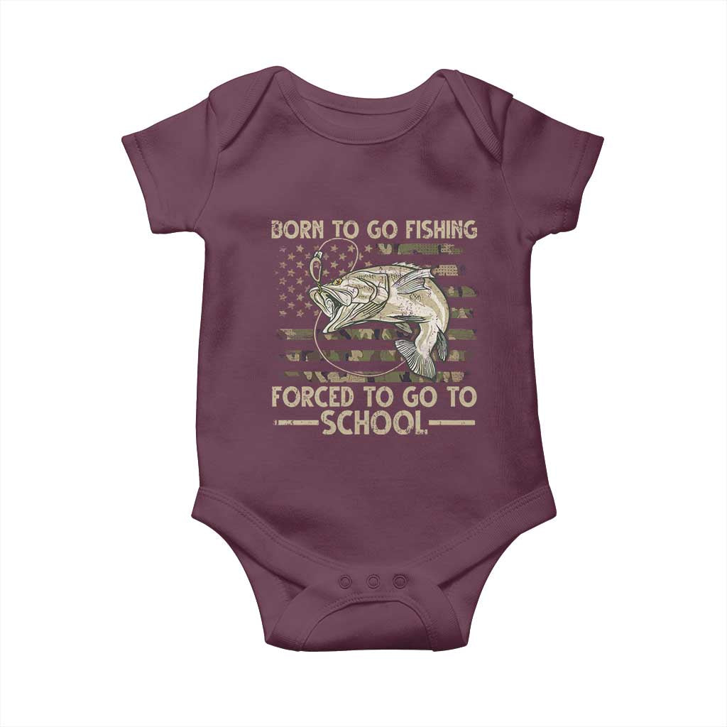 Born To Go Fishing Baby Onesie Forced School Fisherman Camouflage US Flag - Wonder Print Shop