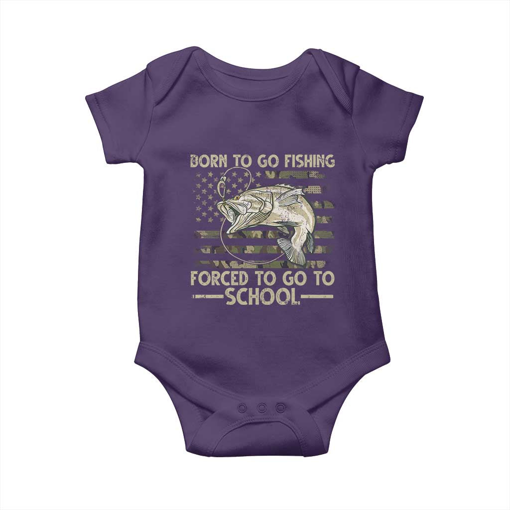 Born To Go Fishing Baby Onesie Forced School Fisherman Camouflage US Flag - Wonder Print Shop
