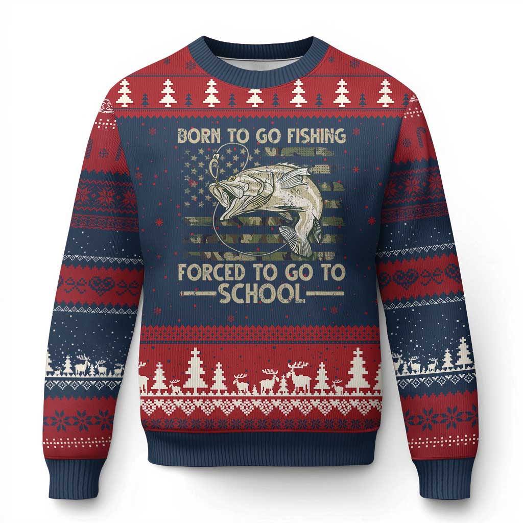 Born To Go Fishing Ugly Christmas Sweater Forced School Fisherman Camouflage US Flag - Wonder Print Shop