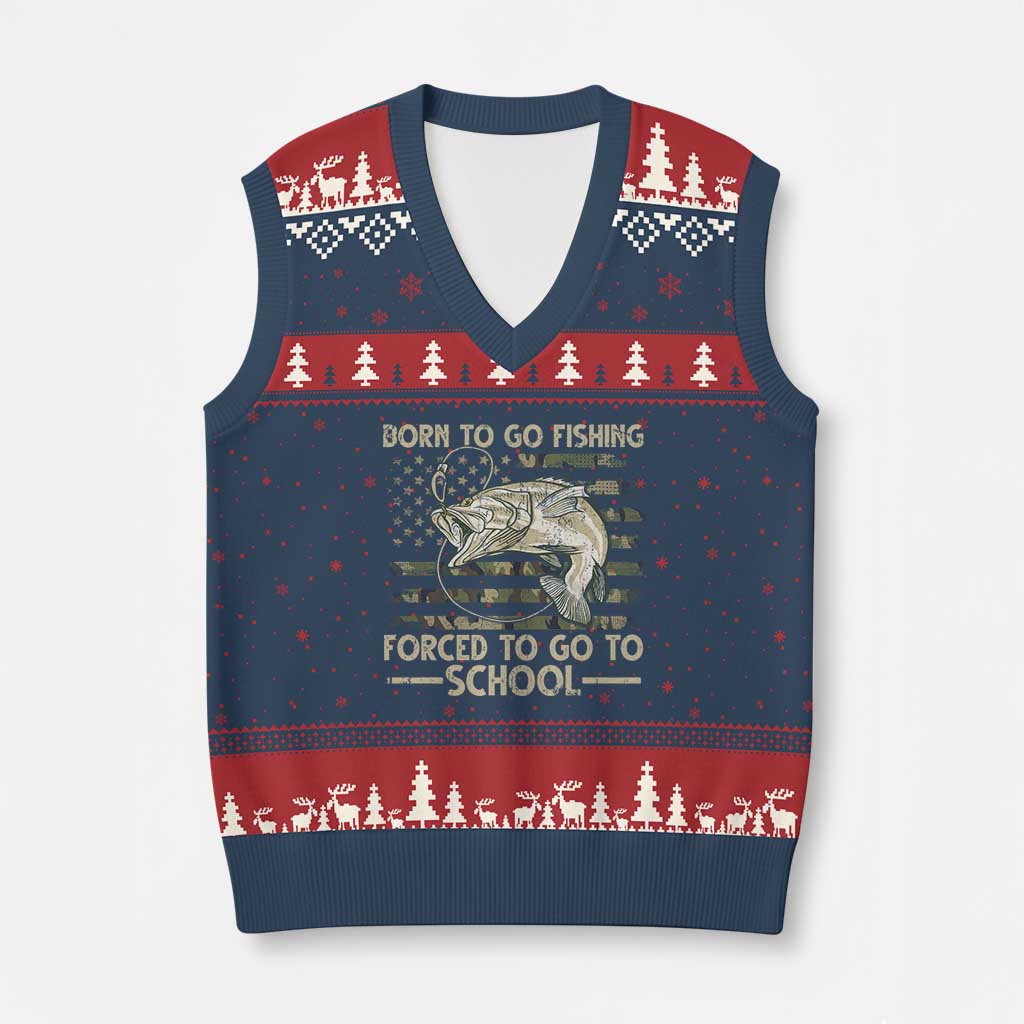 Born To Go Fishing V-Neck Knit Sweater Vest Forced School Fisherman Camouflage US Flag - Wonder Print Shop