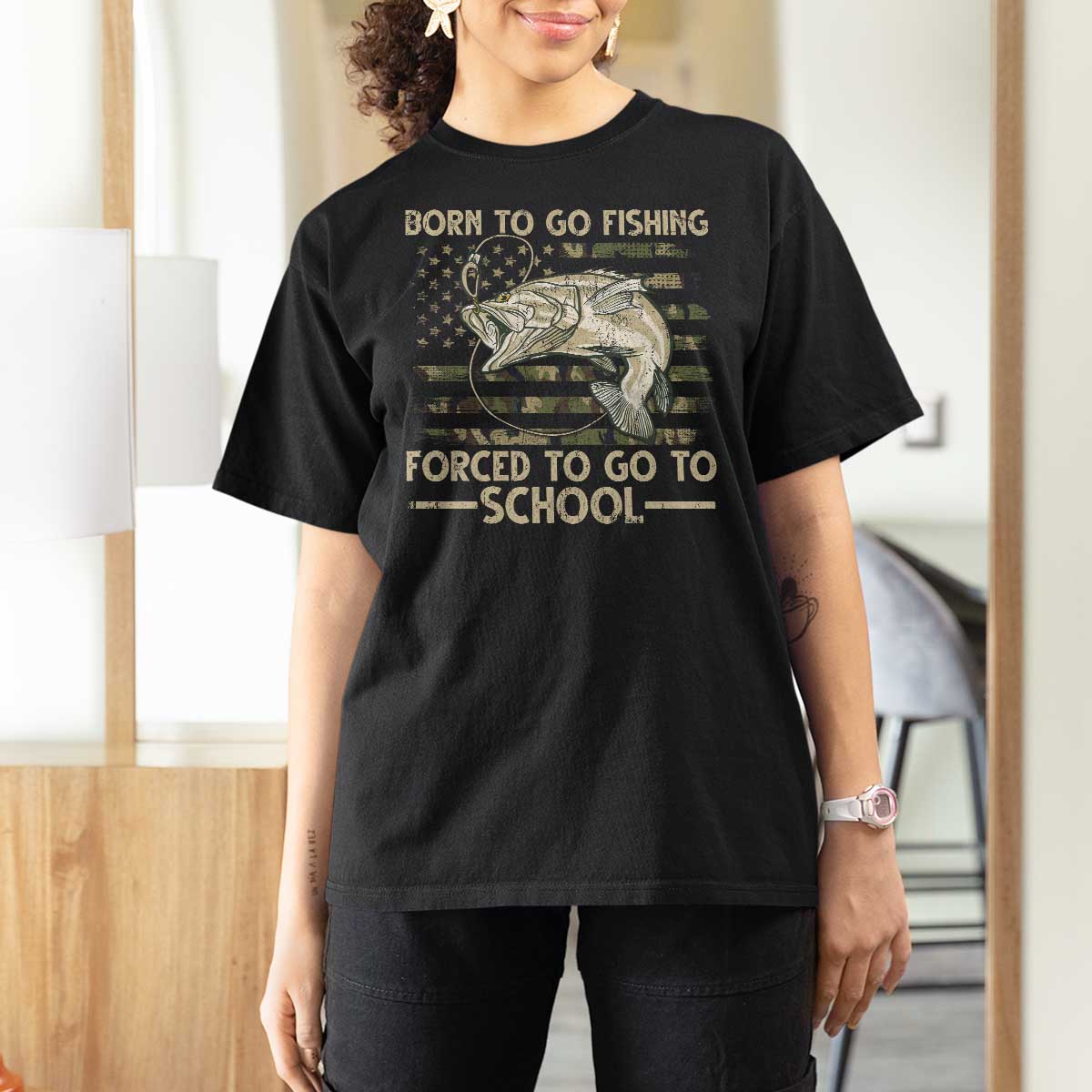Born To Go Fishing T Shirt For Women Forced School Fisherman Camouflage US Flag - Wonder Print Shop