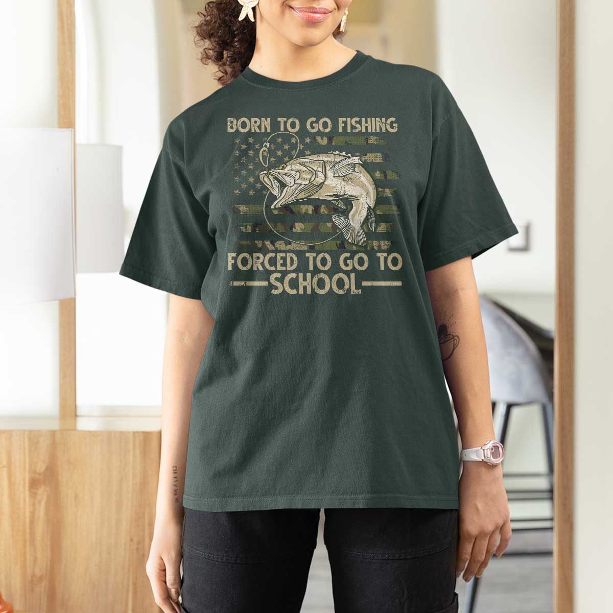 Born To Go Fishing T Shirt For Women Forced School Fisherman Camouflage US Flag - Wonder Print Shop