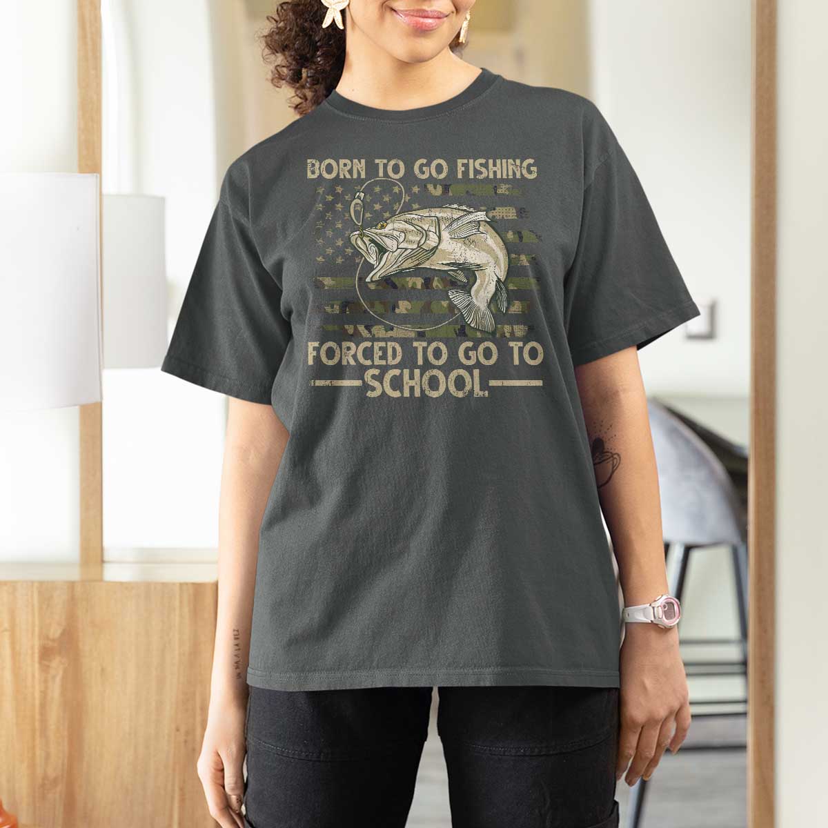 Born To Go Fishing T Shirt For Women Forced School Fisherman Camouflage US Flag - Wonder Print Shop