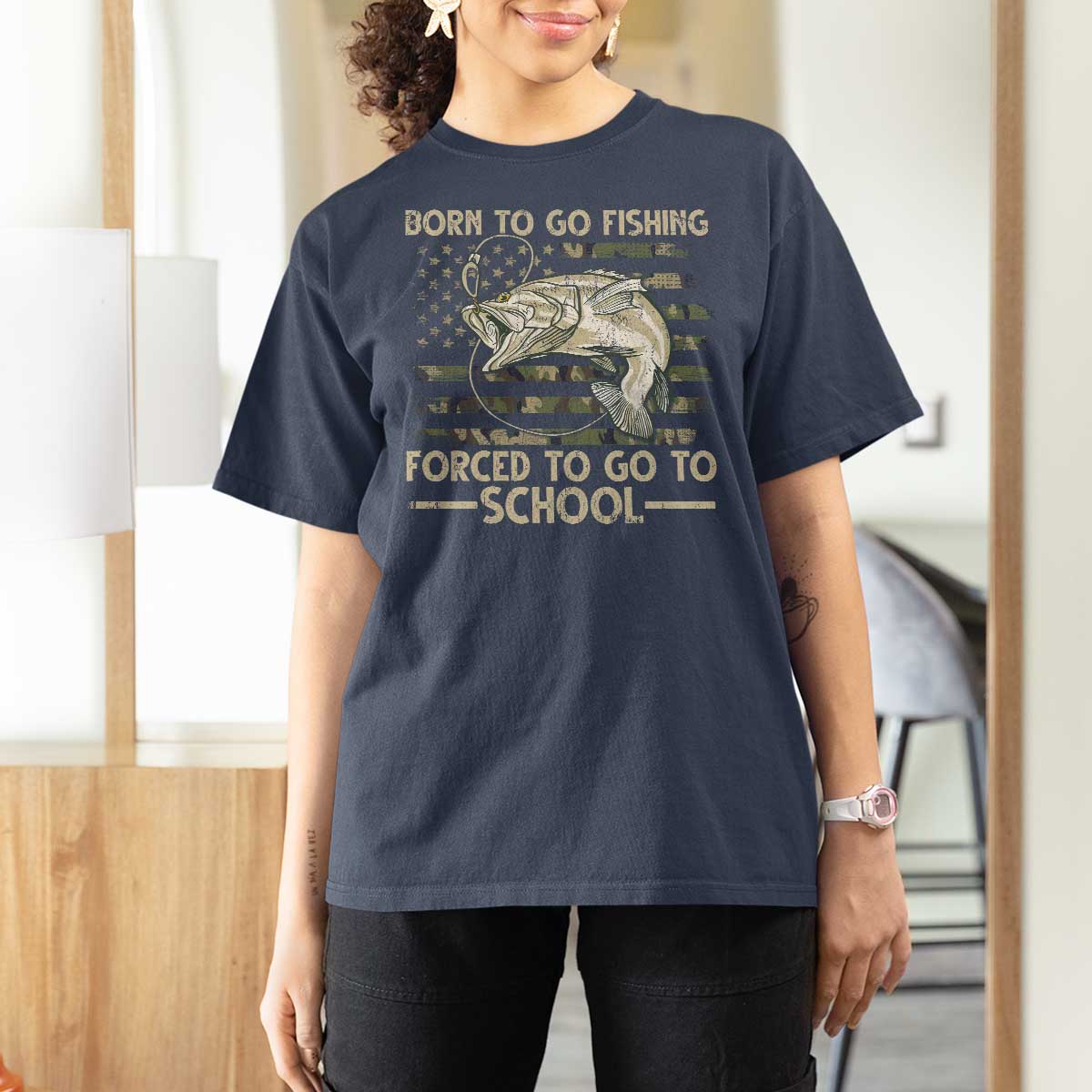 Born To Go Fishing T Shirt For Women Forced School Fisherman Camouflage US Flag - Wonder Print Shop