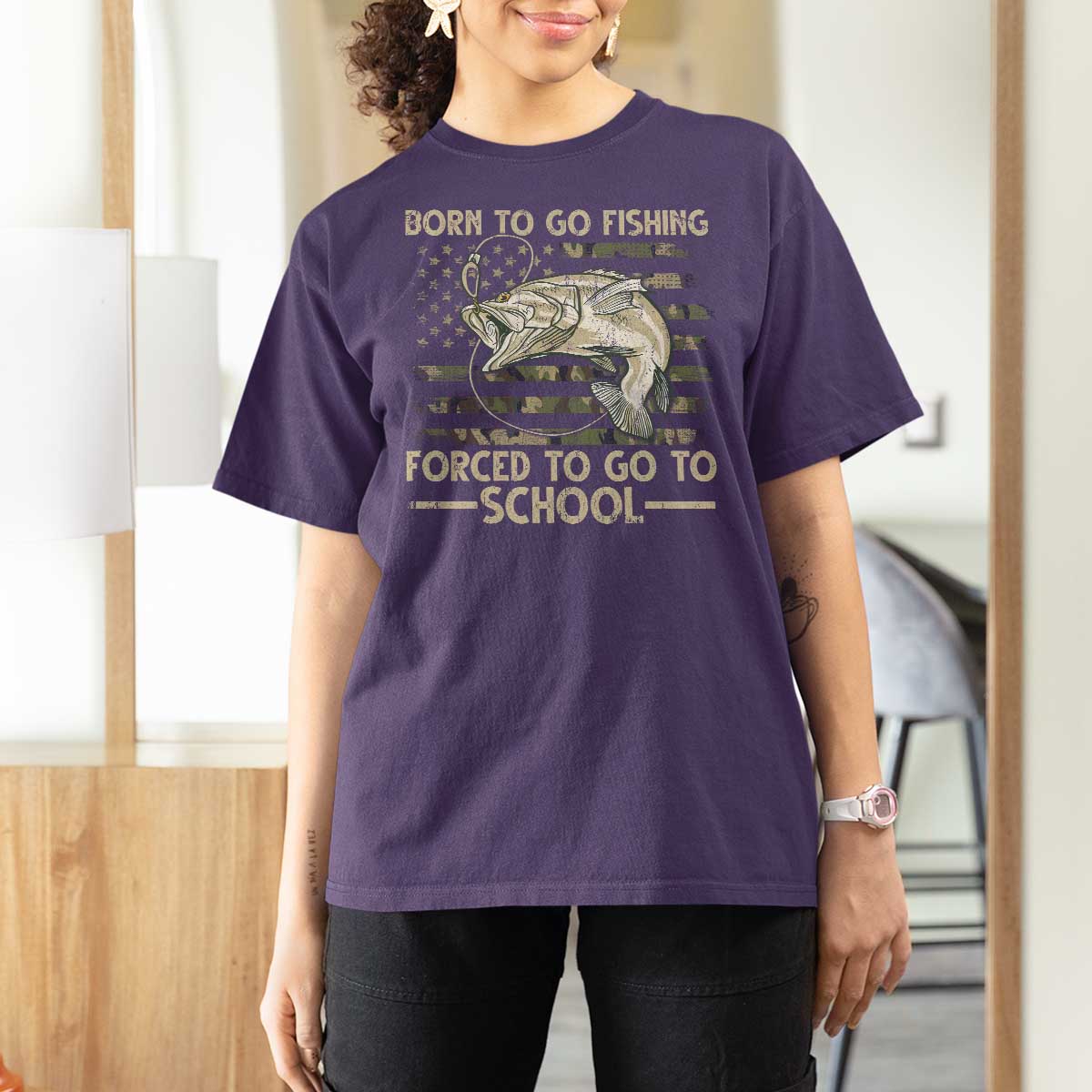 Born To Go Fishing T Shirt For Women Forced School Fisherman Camouflage US Flag - Wonder Print Shop