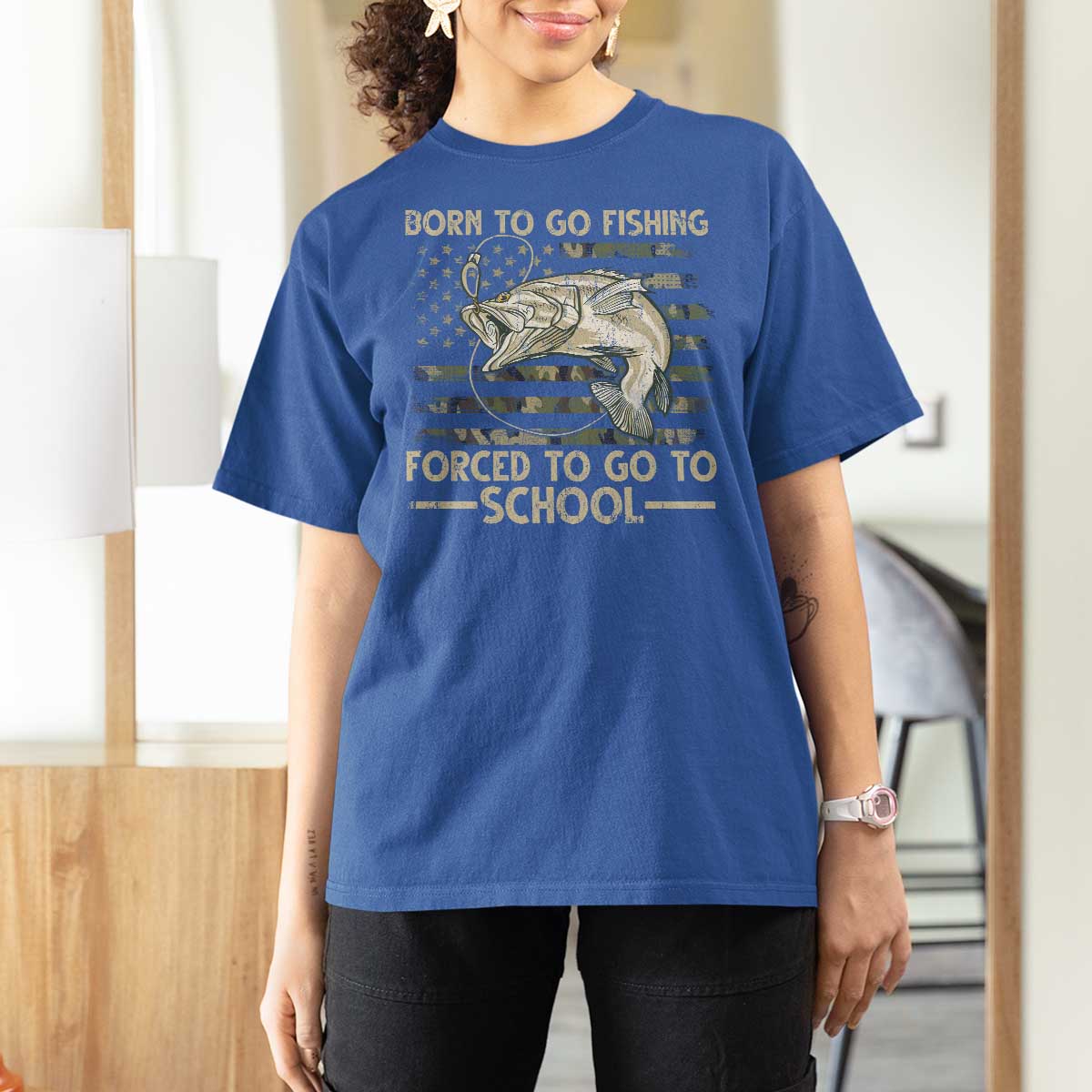 Born To Go Fishing T Shirt For Women Forced School Fisherman Camouflage US Flag - Wonder Print Shop