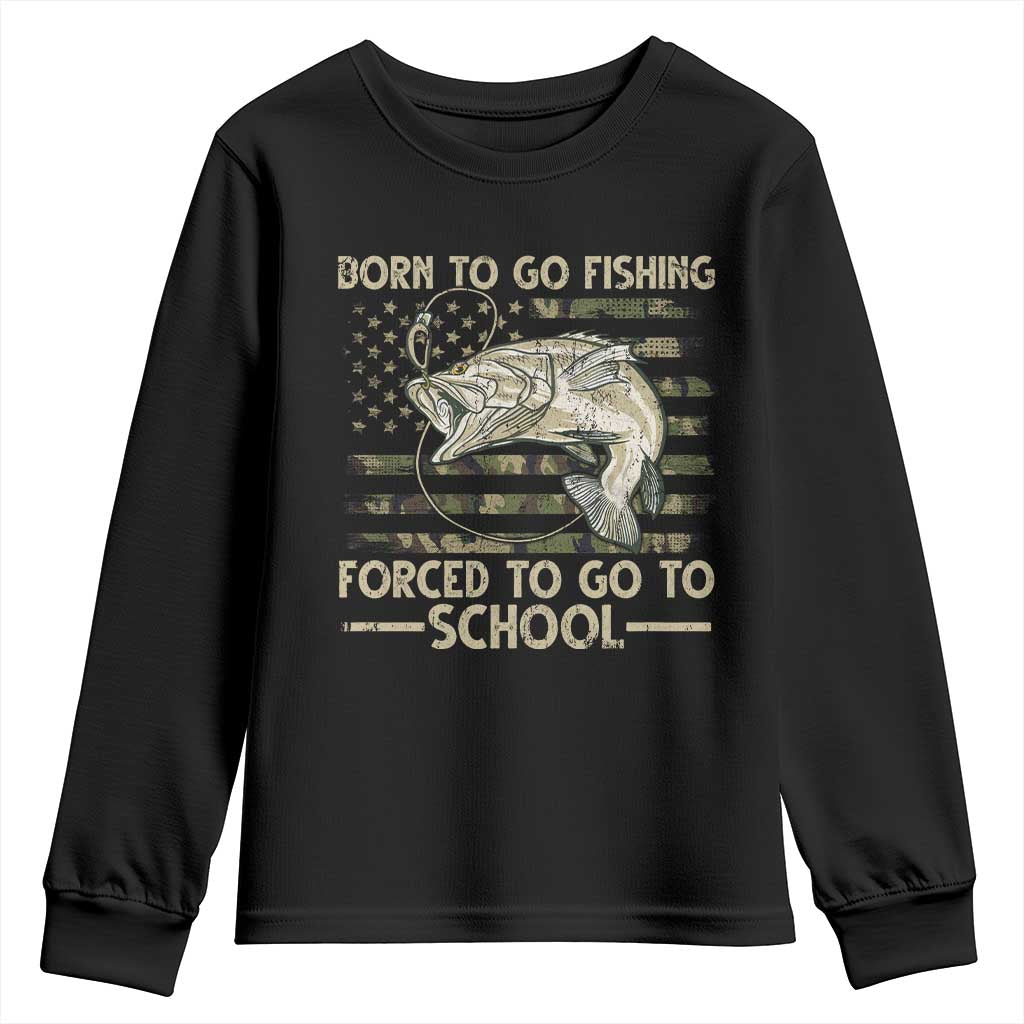Born To Go Fishing Youth Sweatshirt Forced School Fisherman Camouflage US Flag - Wonder Print Shop