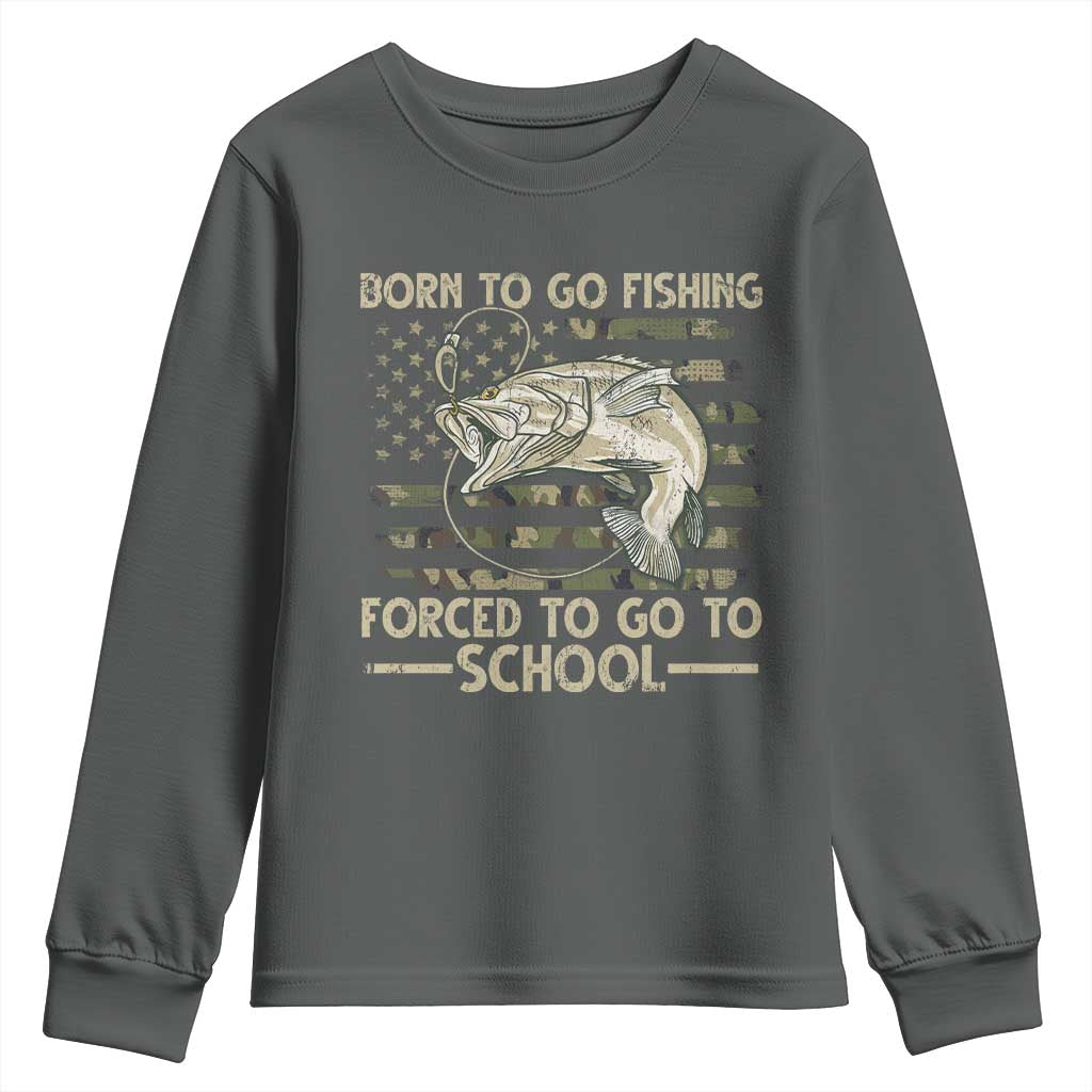 Born To Go Fishing Youth Sweatshirt Forced School Fisherman Camouflage US Flag - Wonder Print Shop