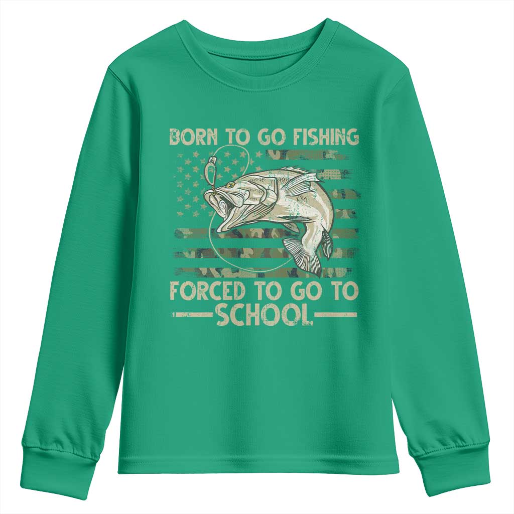 Born To Go Fishing Youth Sweatshirt Forced School Fisherman Camouflage US Flag - Wonder Print Shop