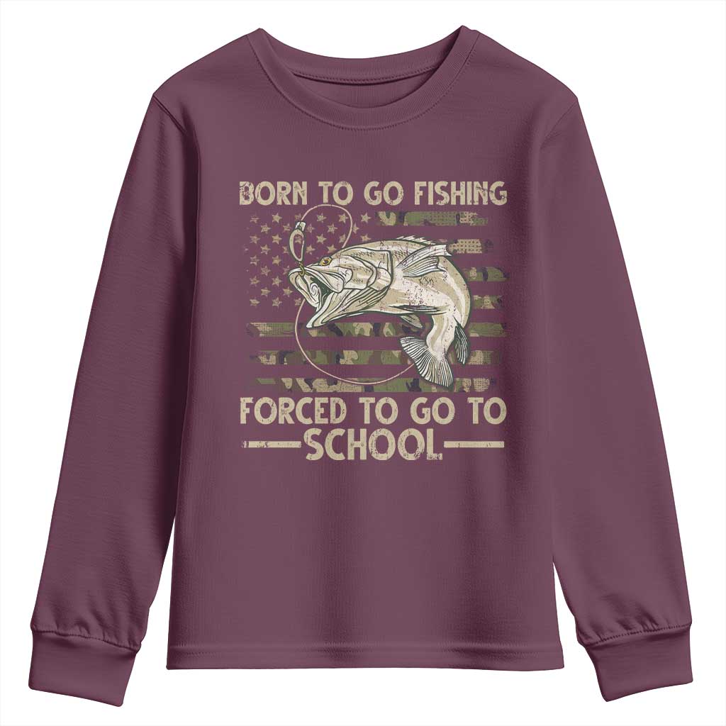 Born To Go Fishing Youth Sweatshirt Forced School Fisherman Camouflage US Flag - Wonder Print Shop