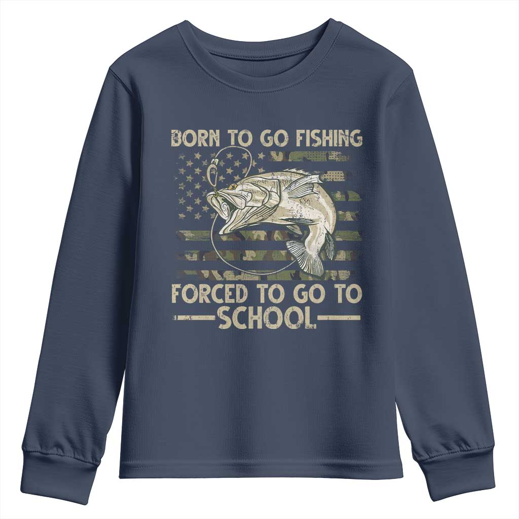 Born To Go Fishing Youth Sweatshirt Forced School Fisherman Camouflage US Flag - Wonder Print Shop