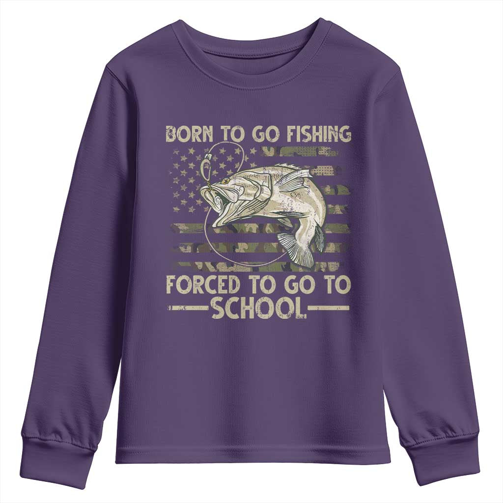 Born To Go Fishing Youth Sweatshirt Forced School Fisherman Camouflage US Flag - Wonder Print Shop
