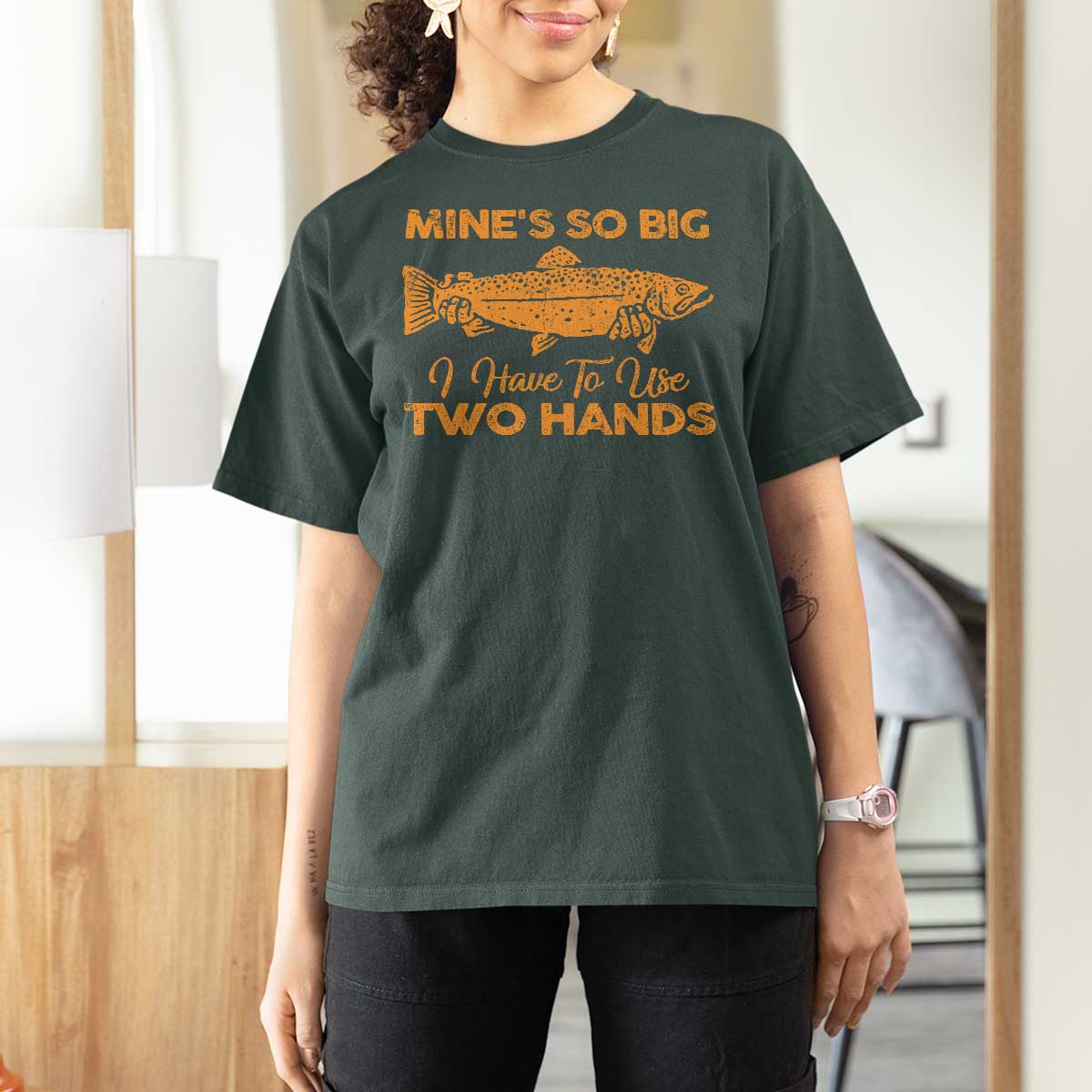 Funny Fishing T Shirt For Women Mines So Big I Have To Use Two Hands Gag Gift - Wonder Print Shop