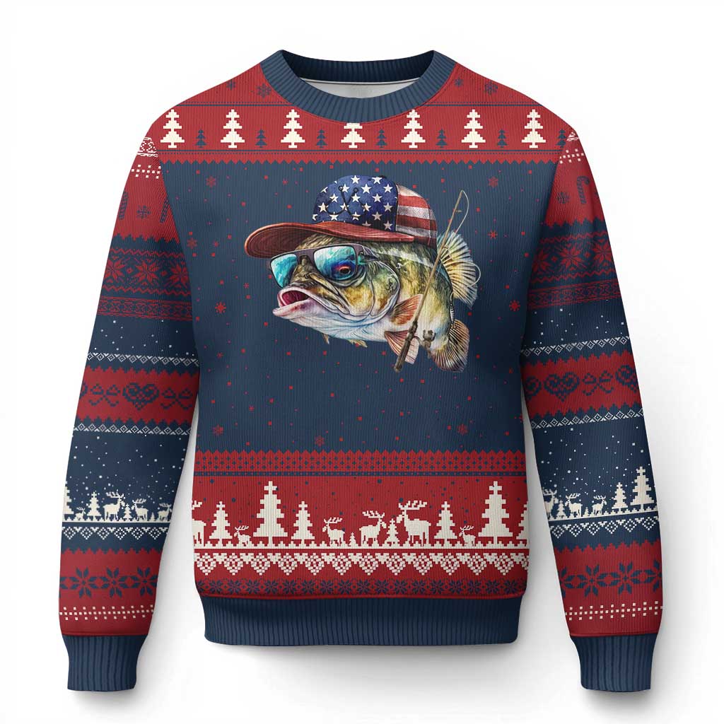 Funny Fishing American Flag Ugly Christmas Sweater Patriotic Fisherman Family Gift - Wonder Print Shop