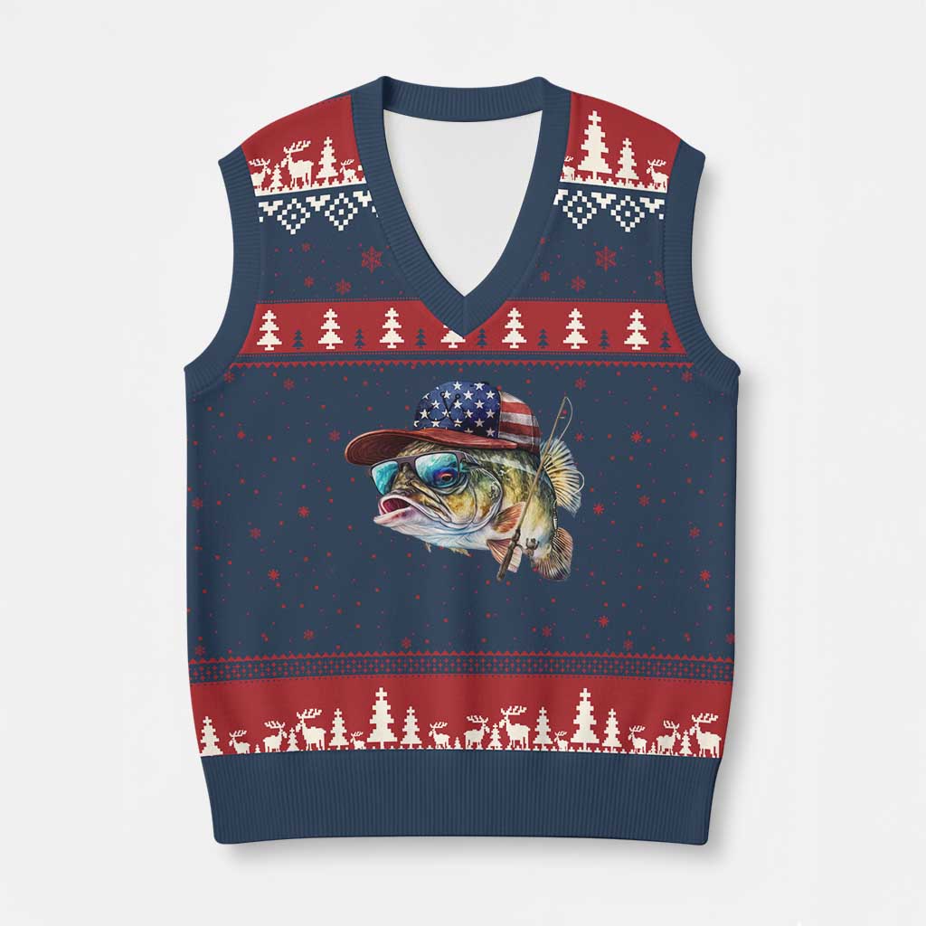 Funny Fishing American Flag V-Neck Knit Sweater Vest Patriotic Fisherman Family Gift - Wonder Print Shop