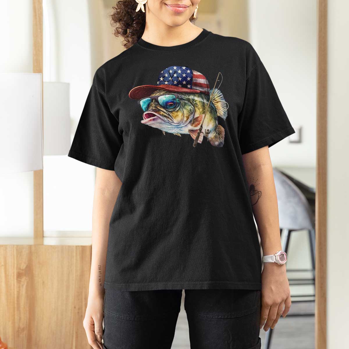 Funny Fishing American Flag T Shirt For Women Patriotic Fisherman Family Gift - Wonder Print Shop