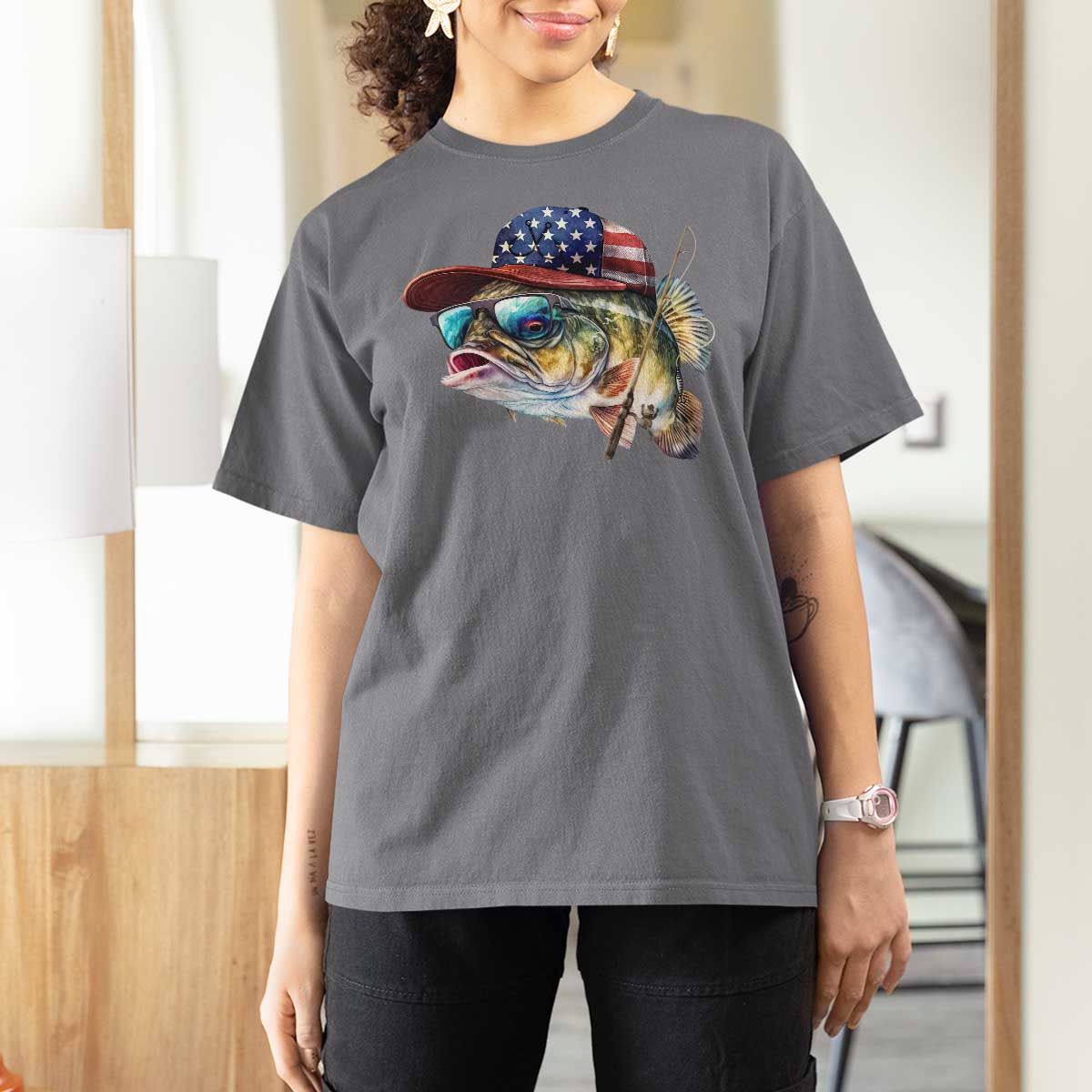Funny Fishing American Flag T Shirt For Women Patriotic Fisherman Family Gift - Wonder Print Shop