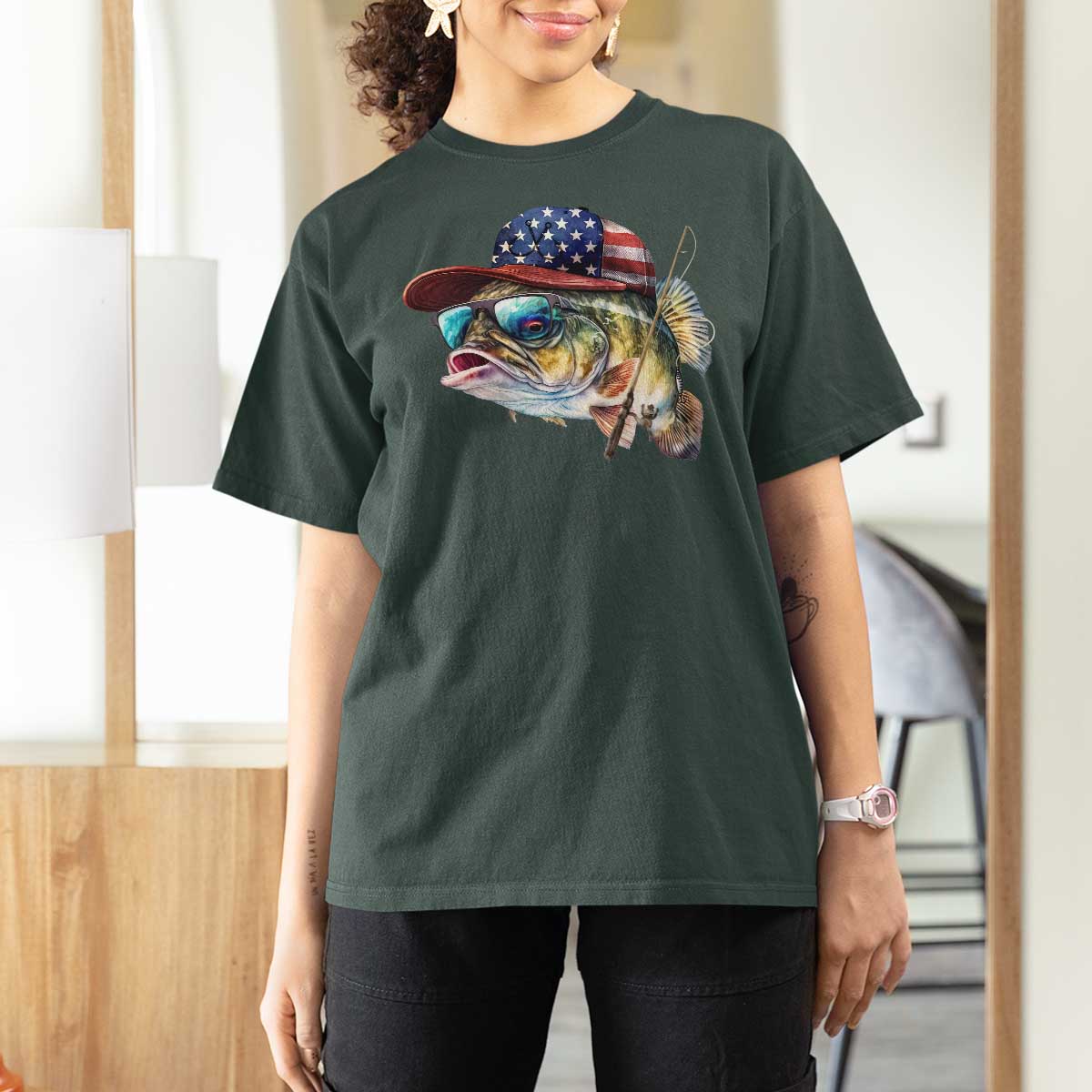 Funny Fishing American Flag T Shirt For Women Patriotic Fisherman Family Gift - Wonder Print Shop