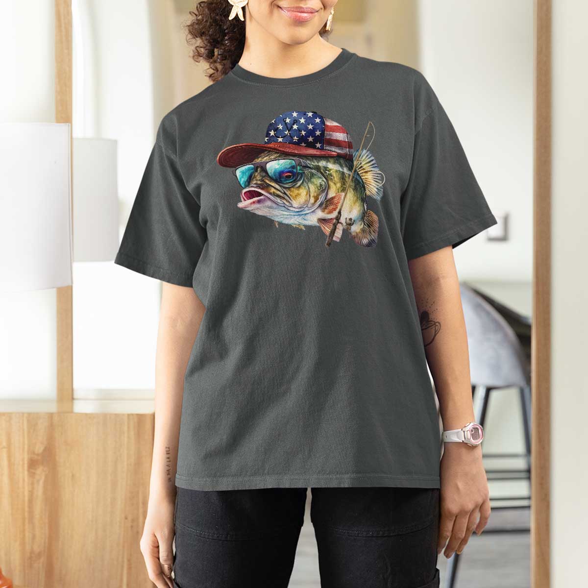 Funny Fishing American Flag T Shirt For Women Patriotic Fisherman Family Gift - Wonder Print Shop