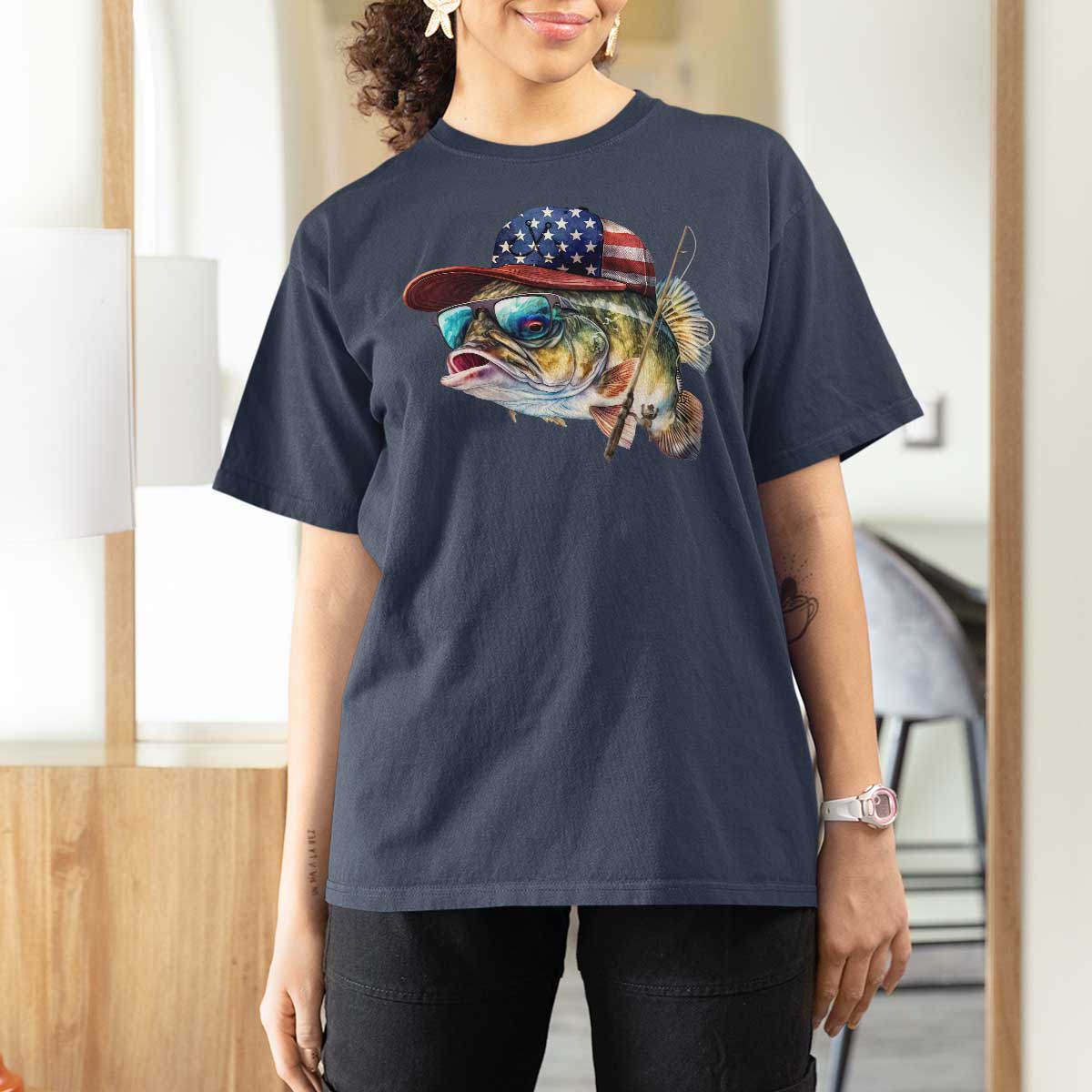 Funny Fishing American Flag T Shirt For Women Patriotic Fisherman Family Gift - Wonder Print Shop