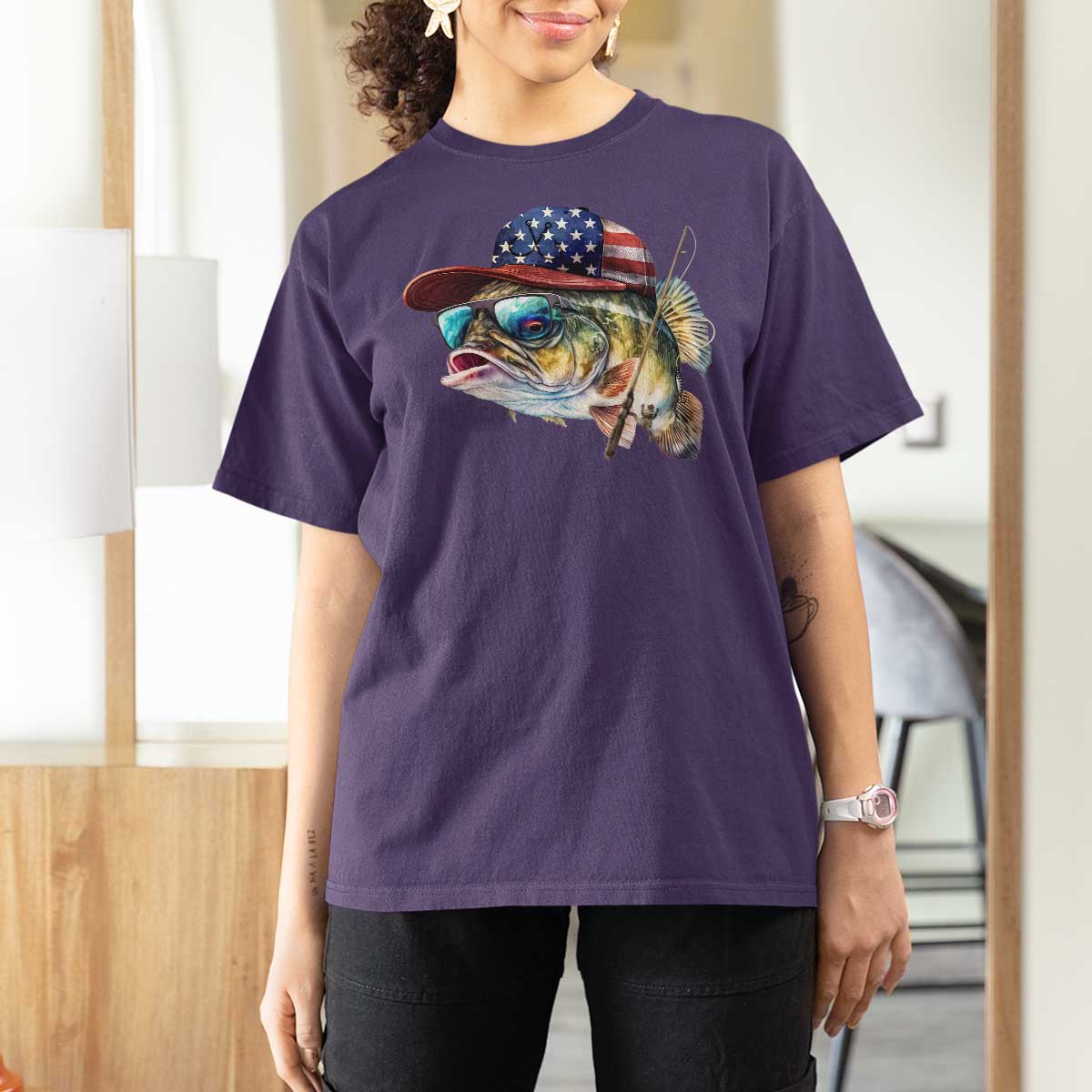 Funny Fishing American Flag T Shirt For Women Patriotic Fisherman Family Gift - Wonder Print Shop