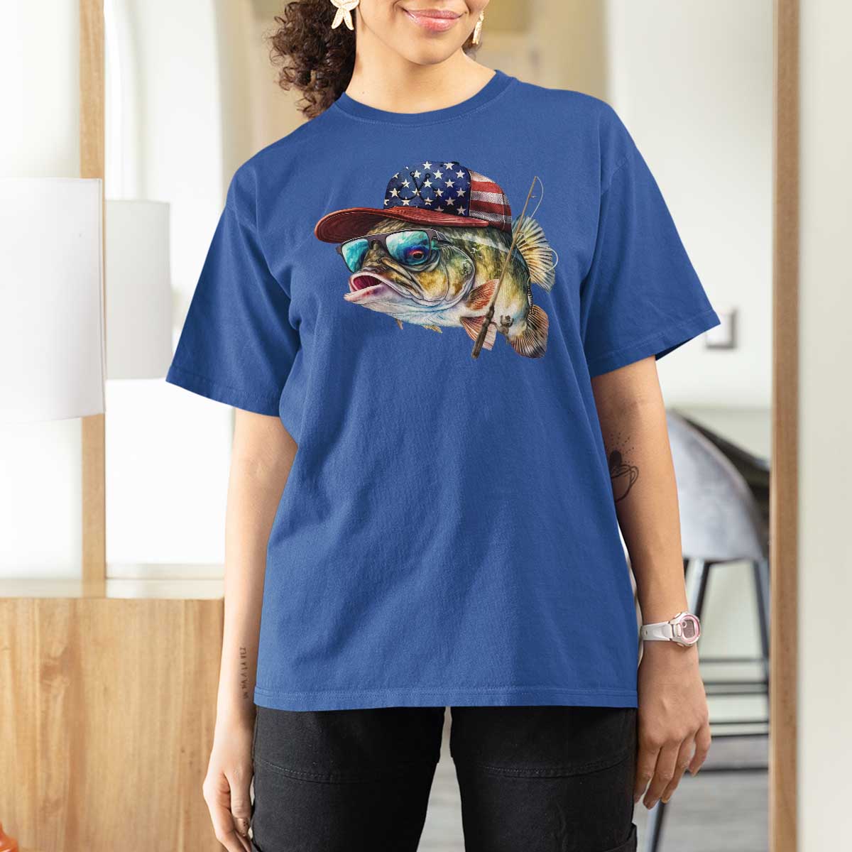 Funny Fishing American Flag T Shirt For Women Patriotic Fisherman Family Gift - Wonder Print Shop