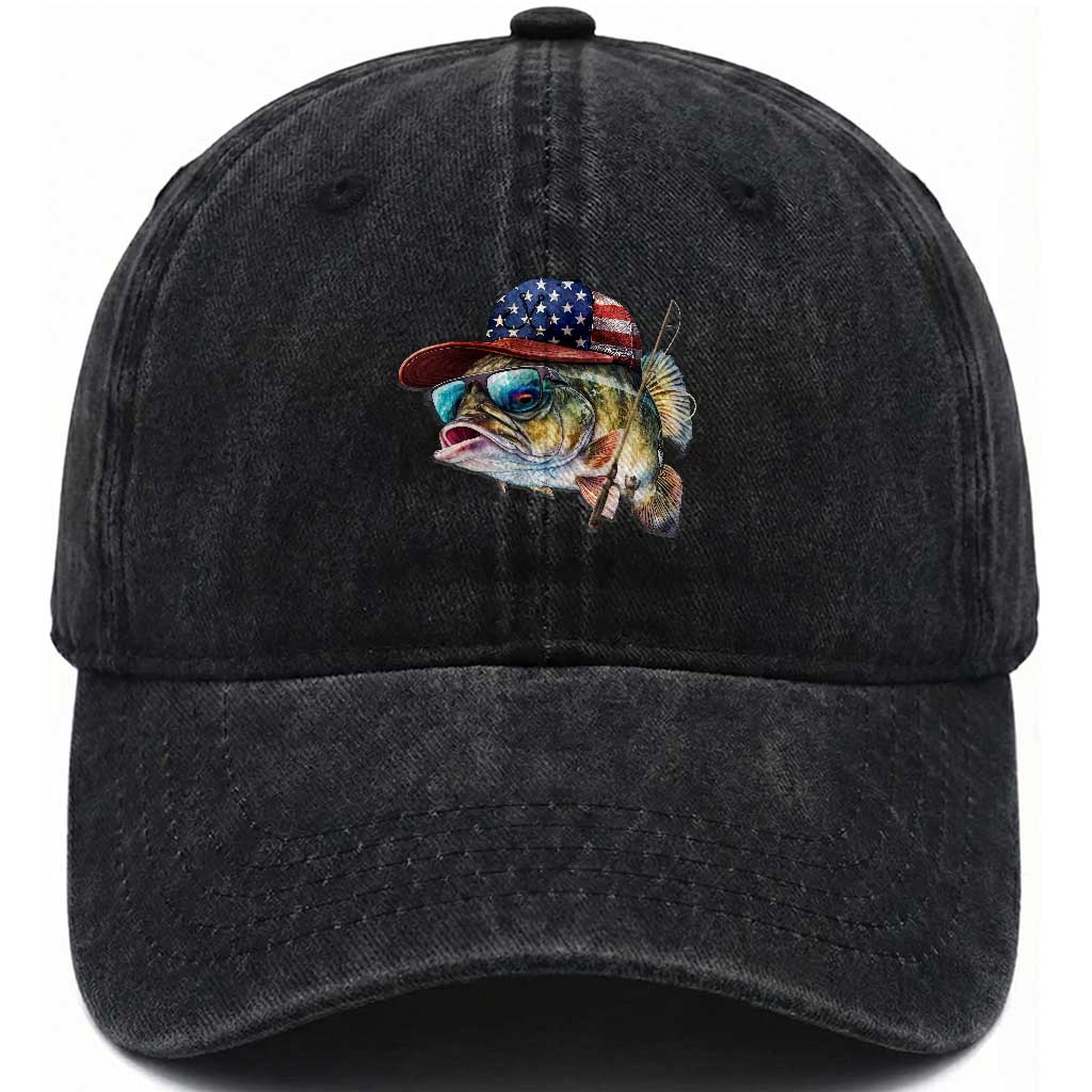 Funny Fishing American Flag Washed Cotton Baseball Cap Patriotic Fisherman Family Gift