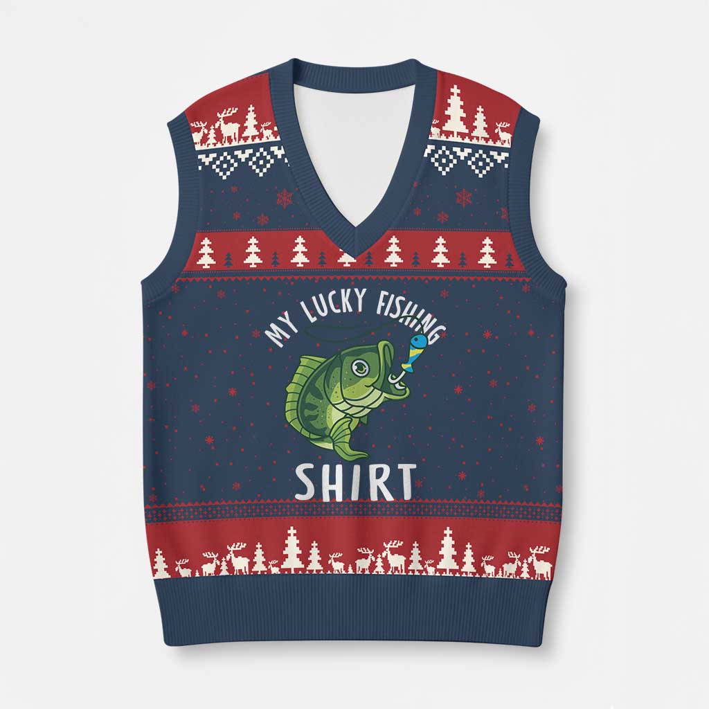 Lucky Fishing V-Neck Knit Sweater Vest Funny Fisherman Fish Lovers - Wonder Print Shop