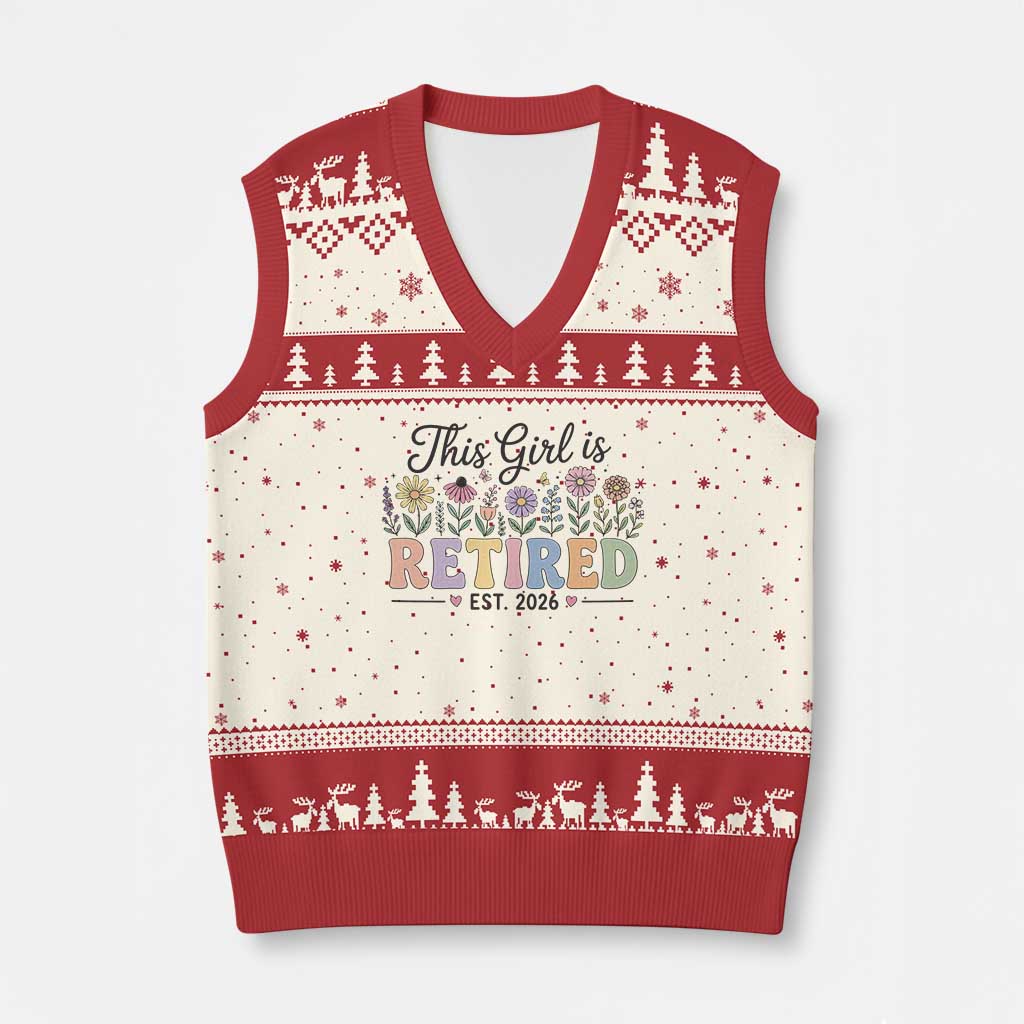 Retirement Gift For Her V-Neck Knit Sweater Vest This Girl Is Retired 2026 Floral Grandma Mom Teacher Coworker