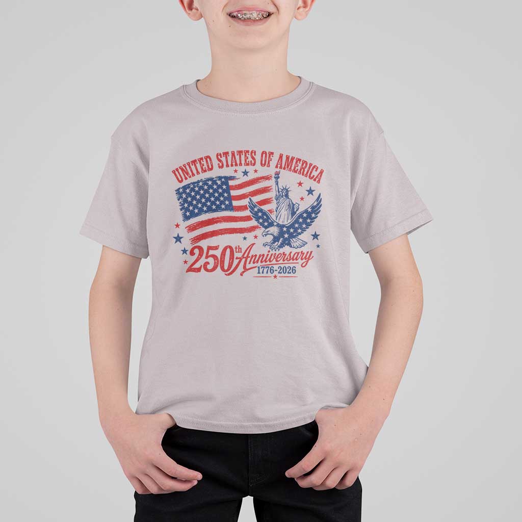 USA 250th Anniversary T Shirt For Kid Land Of The Free USA Patriotic 1776 2026 Statue Of Liberty Eagle Flag