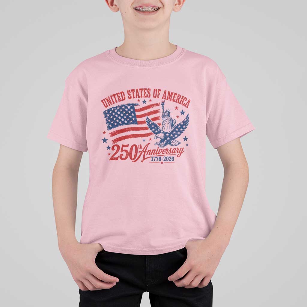 USA 250th Anniversary T Shirt For Kid Land Of The Free USA Patriotic 1776 2026 Statue Of Liberty Eagle Flag