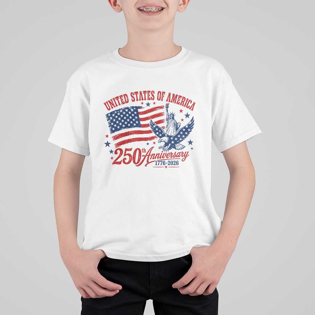 USA 250th Anniversary T Shirt For Kid Land Of The Free USA Patriotic 1776 2026 Statue Of Liberty Eagle Flag