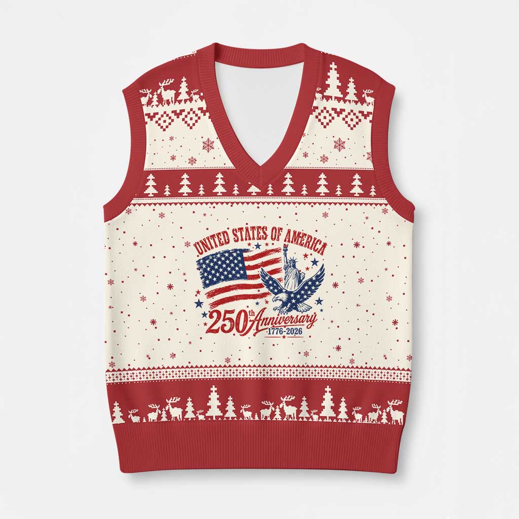 USA 250th Anniversary V-Neck Knit Sweater Vest Land Of The Free USA Patriotic 1776 2026 Statue Of Liberty Eagle Flag