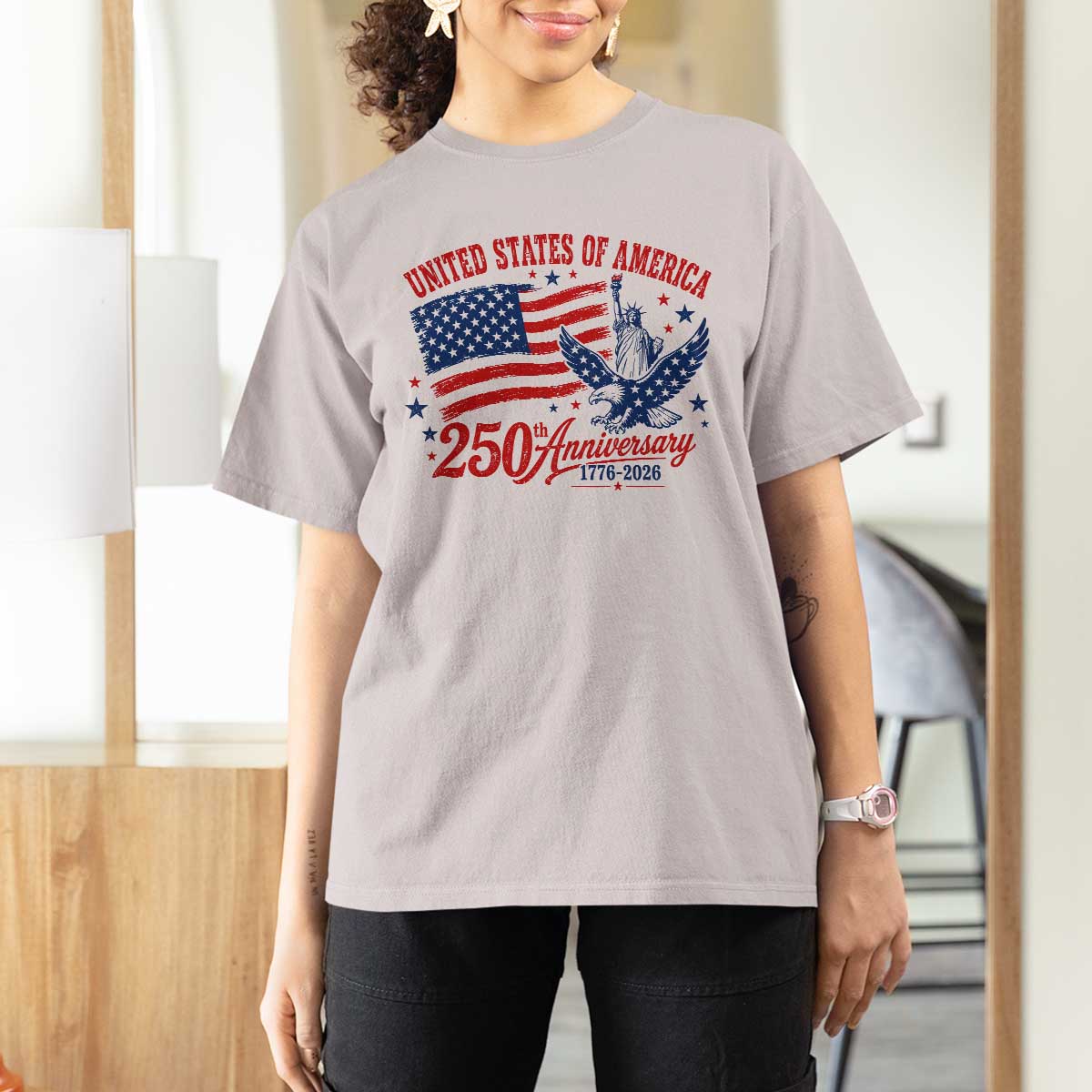 USA 250th Anniversary T Shirt For Women Land Of The Free USA Patriotic 1776 2026 Statue Of Liberty Eagle Flag